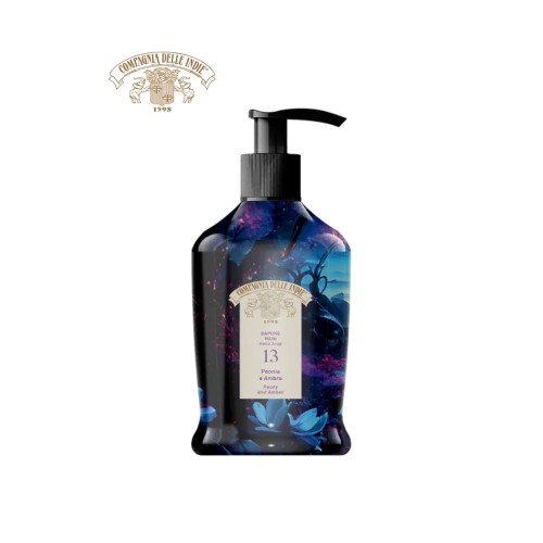 Compagnia Delle Indie mydło w płynie #13 Peonia e Ambra - butelka 300ml z czarnym pompką, na białym tle.