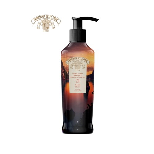 Compagnia delle Indie krem do ciała Orange and Leather 21 - ciemna butelka z pompką w opakowaniu 250ml, widok z przodu.