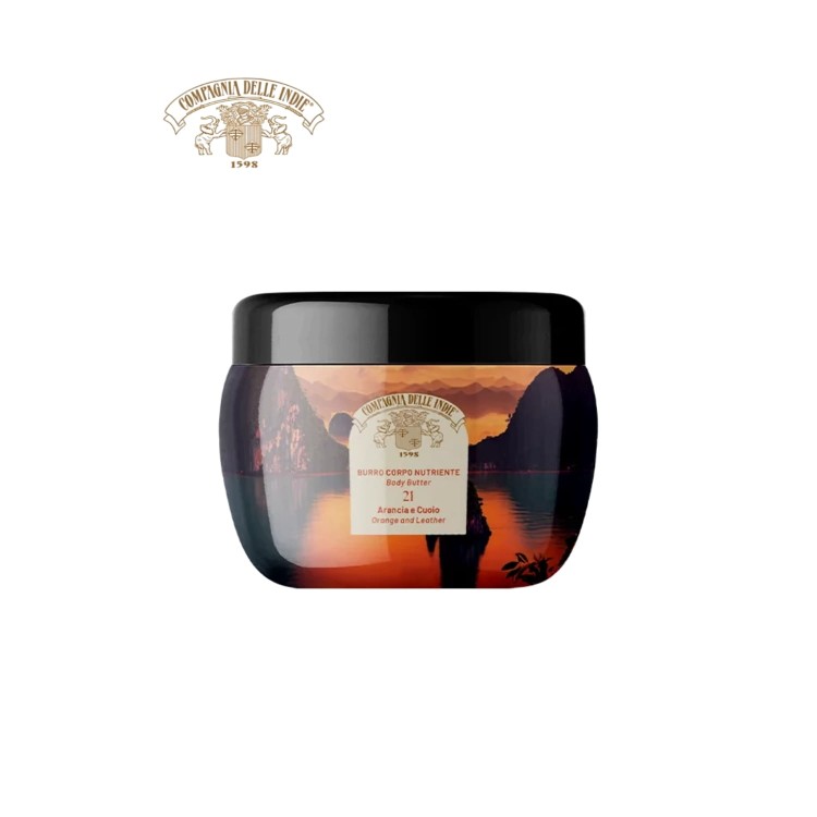 Compagnia Delle Indie masło do ciała Orange and Leather 250ml - czarna słoiczek z etykietą, widok frontalny produktu