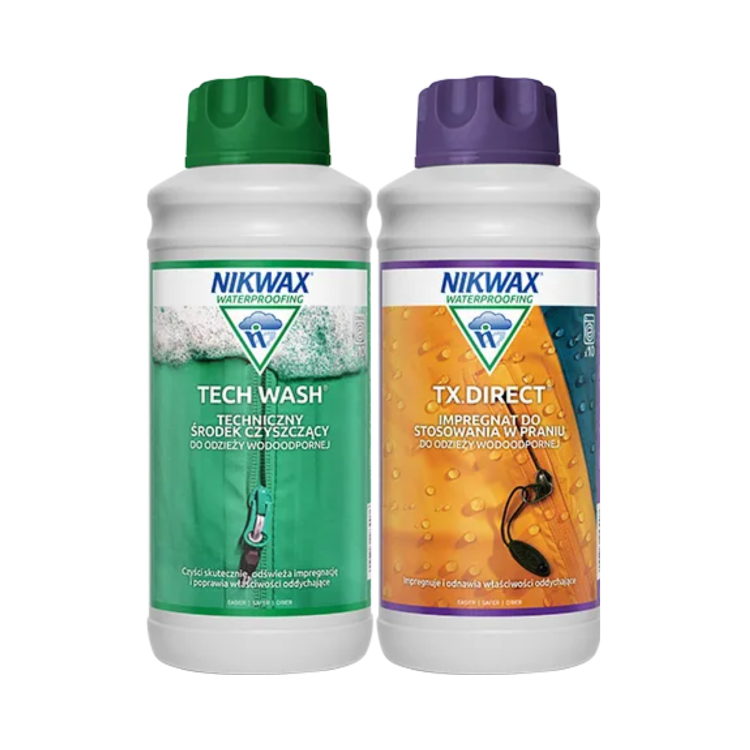 Nikwax TechWash i TX Direct zestaw 2x1000ml - dwie butelki środków impregnujących do odzieży wodoodpornej, widok frontalny na białym tle.