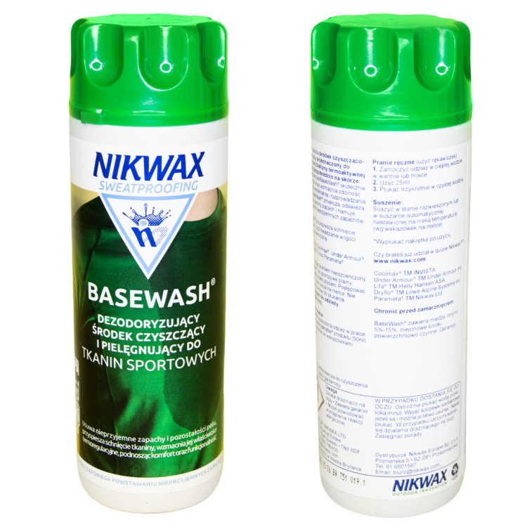 Nikwax Basewash płyn do prania bielizny termoaktywnej - butelka 300ml, widok z przodu i tyłu z etykietą.