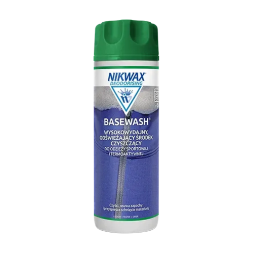 Nikwax Basewash płyn do prania bielizny termoaktywnej 300ml - butelka z zielonym korkiem, widok z przodu na białym tle.