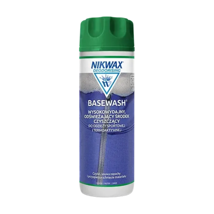 Nikwax Basewash płyn do prania bielizny termoaktywnej 300ml - butelka z zielonym korkiem, widok z przodu na białym tle.
