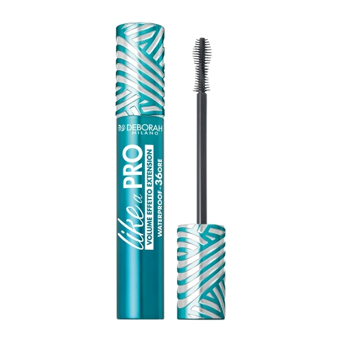 Deborah Milano Like a Pro maskara waterproof - turkusowe opakowanie z aplikatorem, widok frontalny produktu i pędzla.
