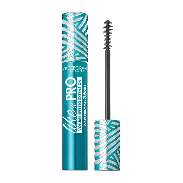 Deborah Milano Like a Pro maskara waterproof - turkusowe opakowanie z aplikatorem, widok frontalny produktu i pędzla.