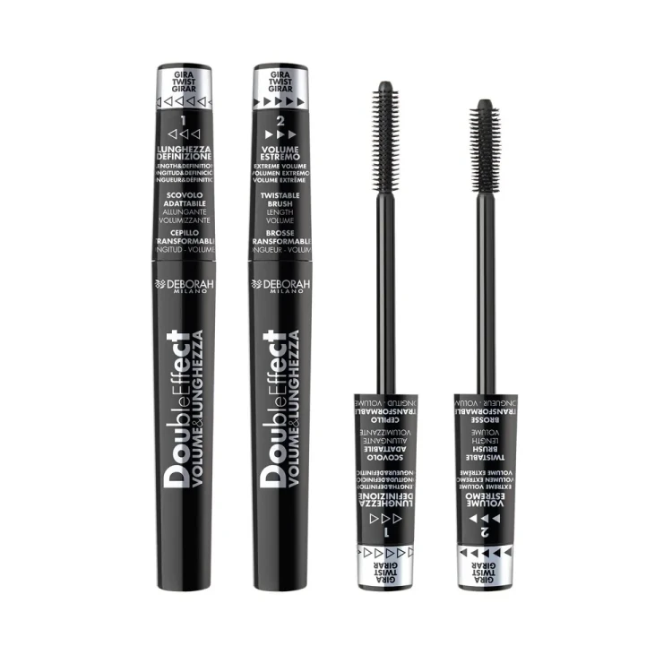 Deborah Milano Double Effect Volume&amp;Length maskara - dwie tusze z pędzlami i opakowania, widok frontalny kompletu produktu
