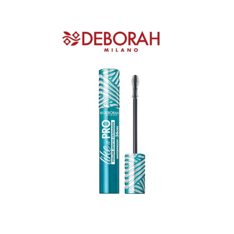 Deborah Milano Like A Pro waterproof maskara - buteleczka w turkusowym opakowaniu z pędzlem i aplikatorem widocznym obok produktu.