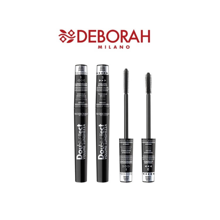 Deborah Milano maskara Double Effect Volume&amp;Length - dwie tuby i dwie szczoteczki, widok kompletnego zestawu produktu