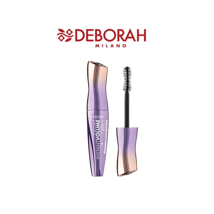 Deborah Milano maskara Instant Volume Up To Stars - fioletowe opakowanie z aplikatorem, widok produktu i pędzla.