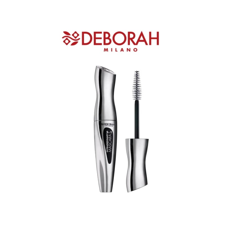 Deborah Milano Extraordinary Mascara 5w1 - maskaraczearna z aplikatorem, opakowanie srebrne z widokiem tuby i szczoteczki.