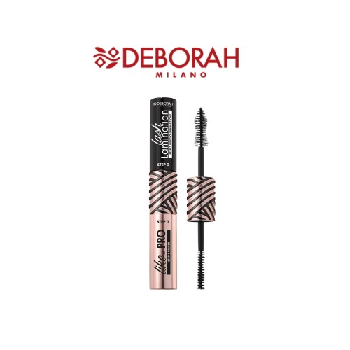 Deborah Milano Like A Pro Lash Lamination maskara dwustronna - widok produktu z pędzlem i aplikatorem Step 1 oraz Step 2.