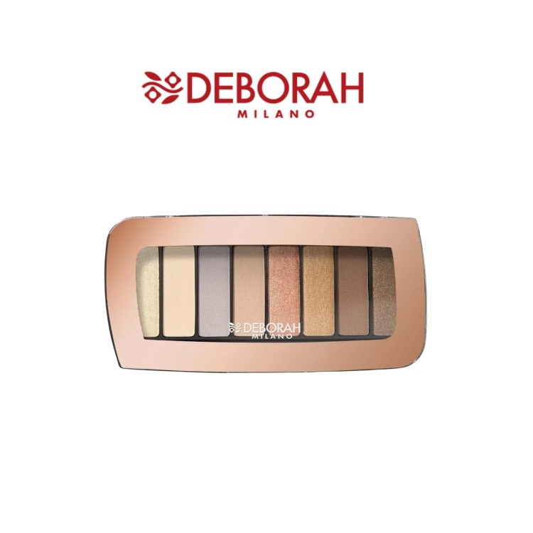 Deborah Milano paleta cieni do powiek 02 Daylight - 8 odcieni w beżowych i brązowych tonach, opakowanie beżowe widok frontalny.