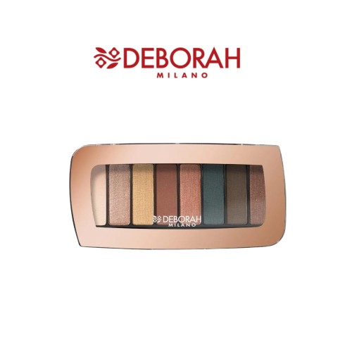 Deborah Milano paleta cieni do powiek 03 Sunset - osiem odcieni w beżu, złocie, brązie i zieleni, widok od góry otwartego opakowania.