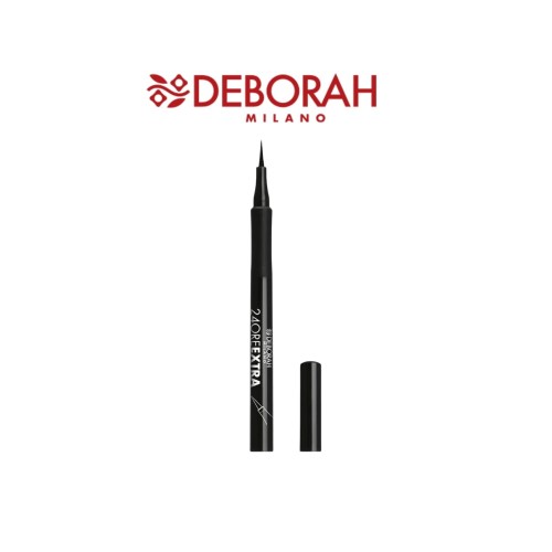 Deborah Milano 24ORE Extra Eyeliner - czarny eyeliner w pisaku z otwarty i zamknięty kapturek na białym tle.