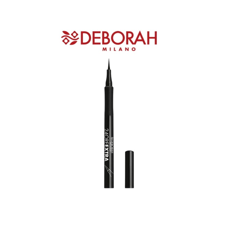 Deborah Milano 24ORE Extra Eyeliner - czarny eyeliner w pisaku z otwarty i zamknięty kapturek na białym tle.