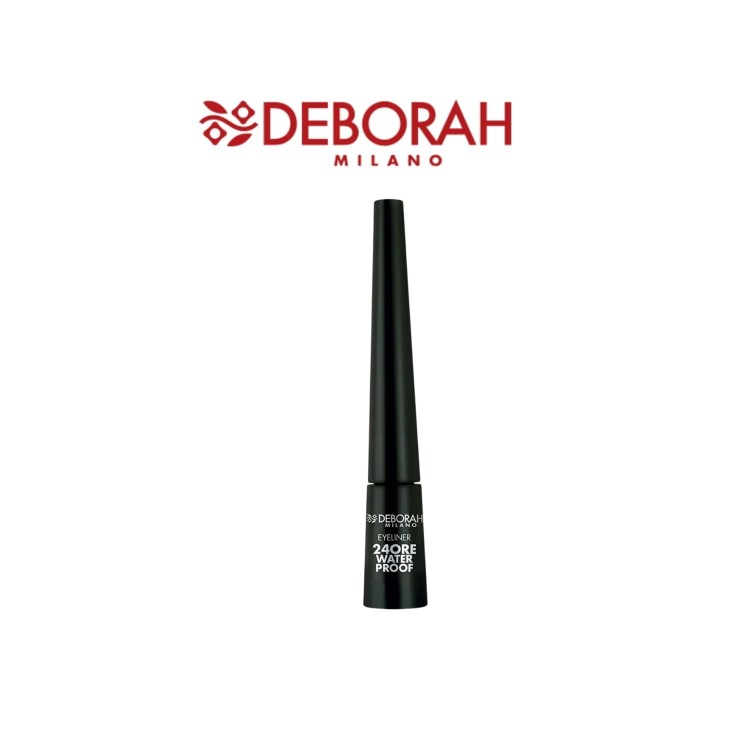 Deborah Milano 24ORE WATERPROOF MAT EYELINER - czarny eyeliner w tubie z czarnym, spiczastym aplicatorem, widok produktu na białym tle.