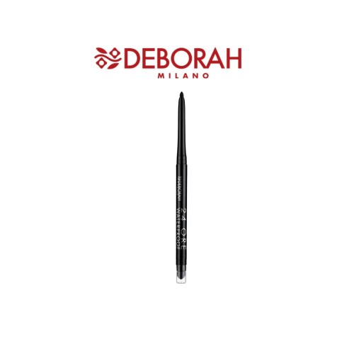 Deborah Milano wodoodporna kredka do oczu 24 Water Proof 1 Black - czarna kredka na białym tle z logo marki u góry