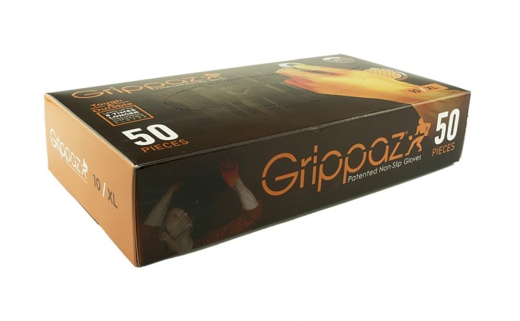 Grippaz rękawiczki nitrylowe jednorazowe - opakowanie 50 szt. w kolorze pomarańczowym, widok 3/4 pudełka na białym tle.