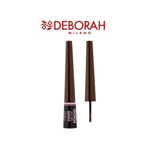 Deborah Milano pudrowa pomada do brwi 24ore Brow Powder 2 Brunette - otwarta i zamknięta aplikacja z brązowym wkładem.