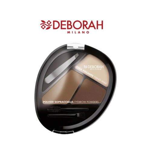Deborah Milano zestaw do stylizacji brwi Polveri Sopracciglia 01 Blonde - opakowanie w czarnym etui z woskiem utrwalającym, pudrem brązowym i pędzlami aplikatorami, widok z przodu.
