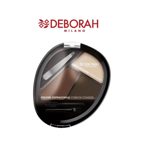 Deborah Milano zestaw do stylizacji brwi Polveri Sopracciglia 02 Brunette - paleta cieni brązowych z woskiem i pędzlami w owalnym czarnym opakowaniu, widok z góry.