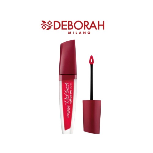 Deborah Milano Red Passion matowa pomadka w płynie Fiery Red 07 - produkt i aplikator na białym tle