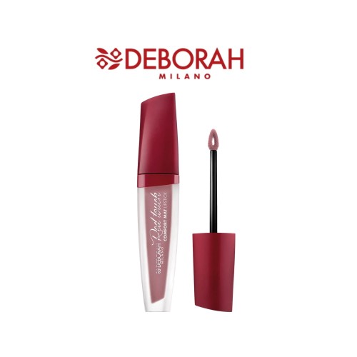 Deborah Milano Red Passion matowa pomadka w płynie Nude Rose 10 - flakon z aplikatorem i otwartą pokrywką, widok produktu z logo marki