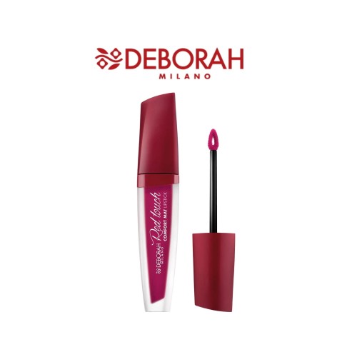 Deborah Milano Red Wood matowa pomadka w płynie Very Cherry 16 - aplikator i opakowanie na białym tle