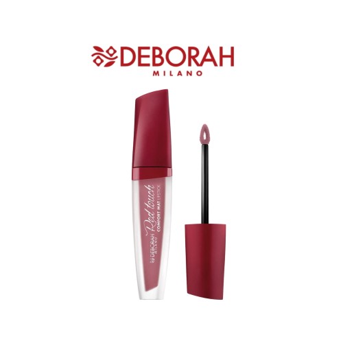 Deborah Milano Red Edition matowa pomadka w płynie Vintage Rose 12 - opakowanie z aplikatorem, widok produktu i pędzla na białym tle.