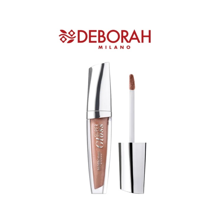 Deborah Milano błyszczyk Super Gloss Pearly Chestnut 8 - otwarta aplikatorka z pędzlem, widok produktu z logo marki.