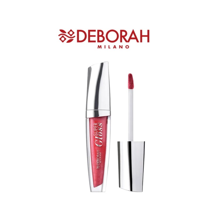 Deborah Milano błyszczyk Super Gloss Pearly Red 6 - aplikator i otwarta tubenka na białym tle z logotypem marki na górze