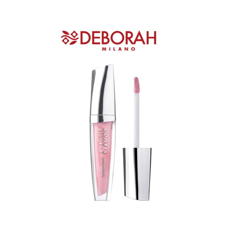 Deborah Milano błyszczyk Super Glossy Pearly Rose 2 - opakowanie z aplikatorem, widok frontalny produktu i logo marki na białym tle