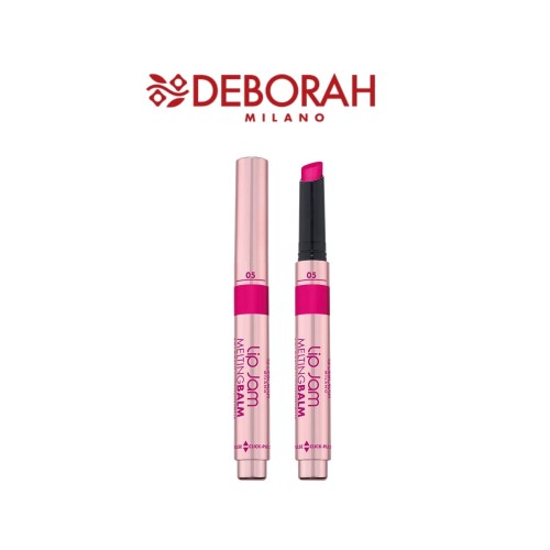 Deborah Milano Lip Jam pielęgnujący balsam do Tyskland 05 Dragon Fruit - dwa opakowania produktu w różnych wariantach aplikacji, widok frontalny.