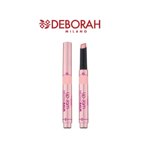 Deborah Milano Lip Jam pielęgnujący balsam do ust 02 Rose - otwarty tester i zamknięta tubka, widok z przodu.