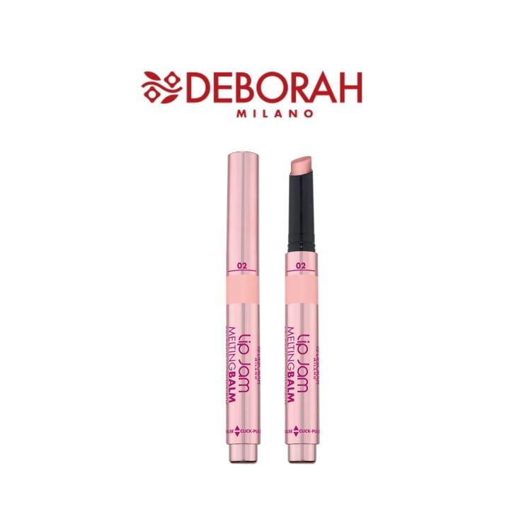 Deborah Milano Lip Jam pielęgnujący balsam do ust 02 Rose - otwarty tester i zamknięta tubka, widok z przodu.