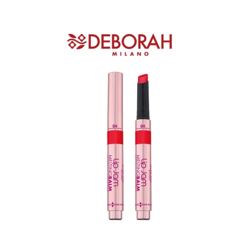 Deborah Milano Lip Jam Pielęgnujący balsam do ust 04 Strawberry - dwa tupery w różowym opakowaniu, widok otwartego produktu z kolorem i zamkniętego balsamu.