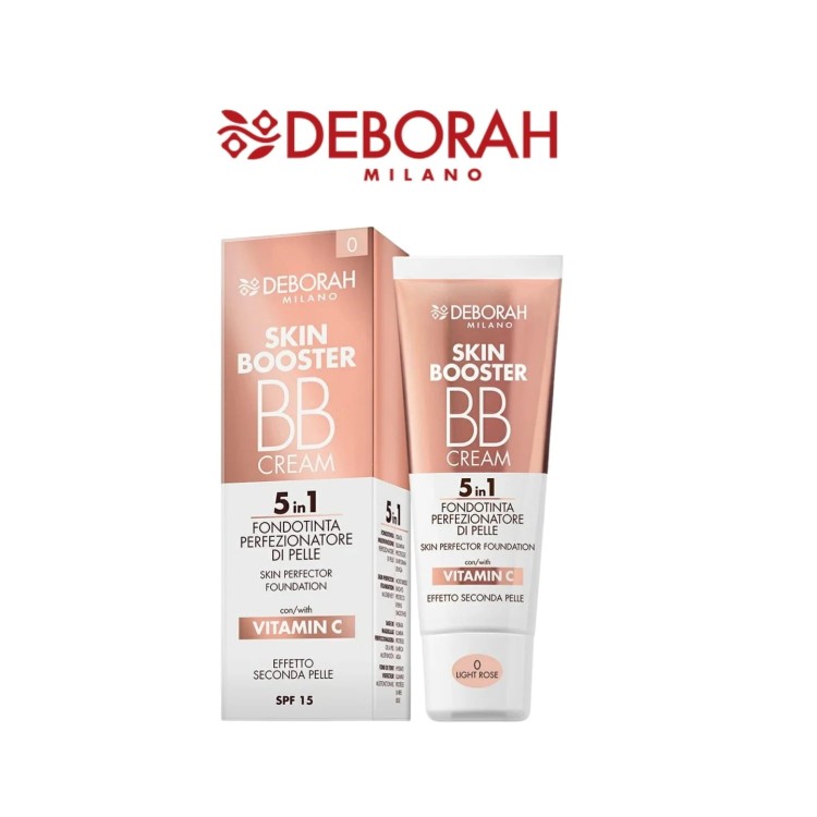 Deborah Milano Skin Booster BB Cream 0 Light Rose - krem BB 5w1 z witaminą C, opakowanie i tuba, widok produktu z przodu na białym tle.