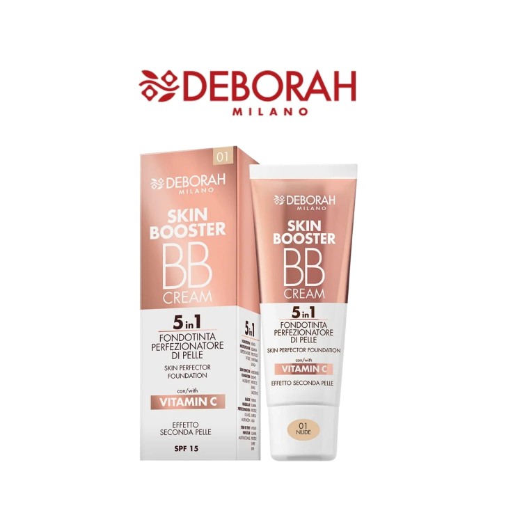 Deborah Milano Skin Booster BB Cream 01 Nude - opakowanie i tuba kremu z pudełkiem, widok frontalny na białym tle.