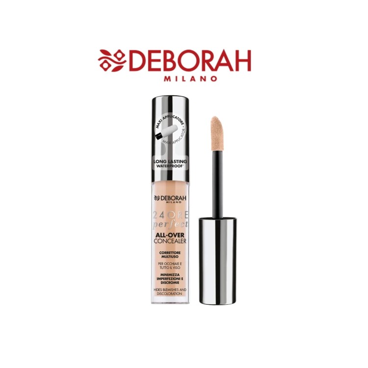 Deborah Milano 24ORE Perfect All-Over Concealer korektor w płynie Beige 02 - buteleczka z aplikatorem pędzielkowym, widok produktu z otwartym opakowaniem.
