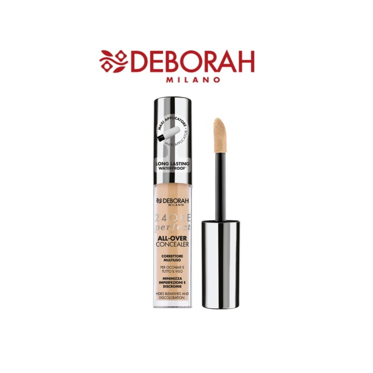 Deborah Milano 24ORE Perfect All-Over Concealer korektor wodoodporny Nude 3.1 - buteleczka z aplikatorem pędzelkowym, widok produktu z otwartym rozpylaczem.