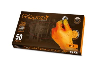 GRIPPAZ rękawiczki nitrylowe jednorazowe pomarańczowe 50 szt. - opakowanie pudełka z widokiem produktu i liczby sztuk na opakowaniu.