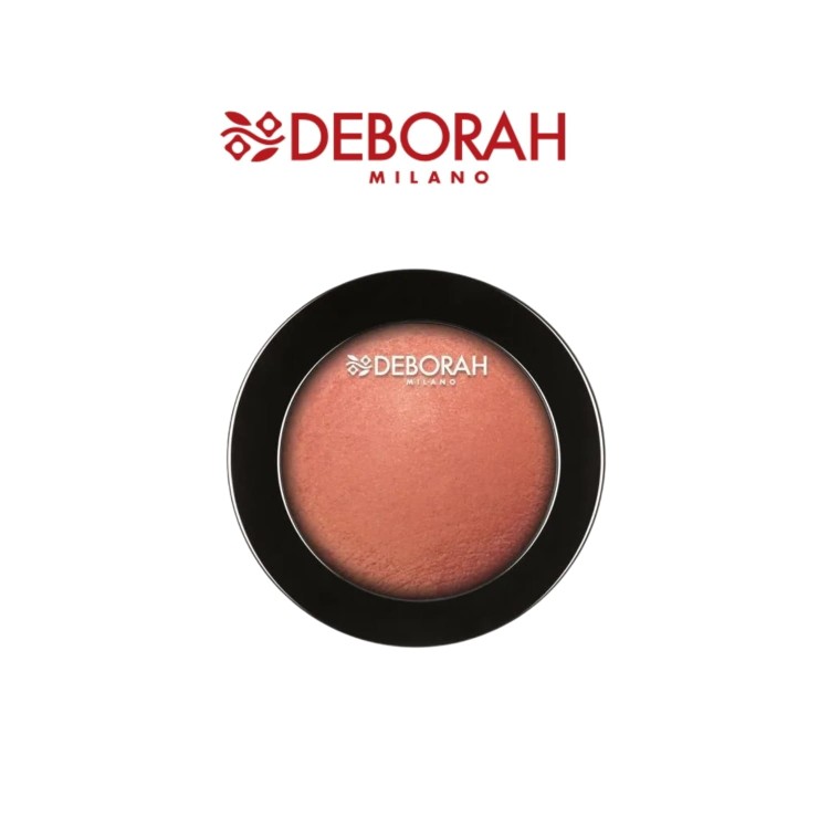 Deborah Milano róż do twarzy 63 Apricot - pudrowy róż w czarnym opakowaniu, zbliżenie na produkt.