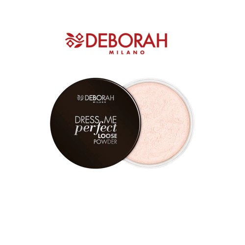Deborah Milano Dress Me Perfect Loose Powder puder sypki w odcieniu 0 - otwarte opakowanie z czarną pokrywką i zawartością w jasnym odcieniu, widok z przodu z logo marki u góry.