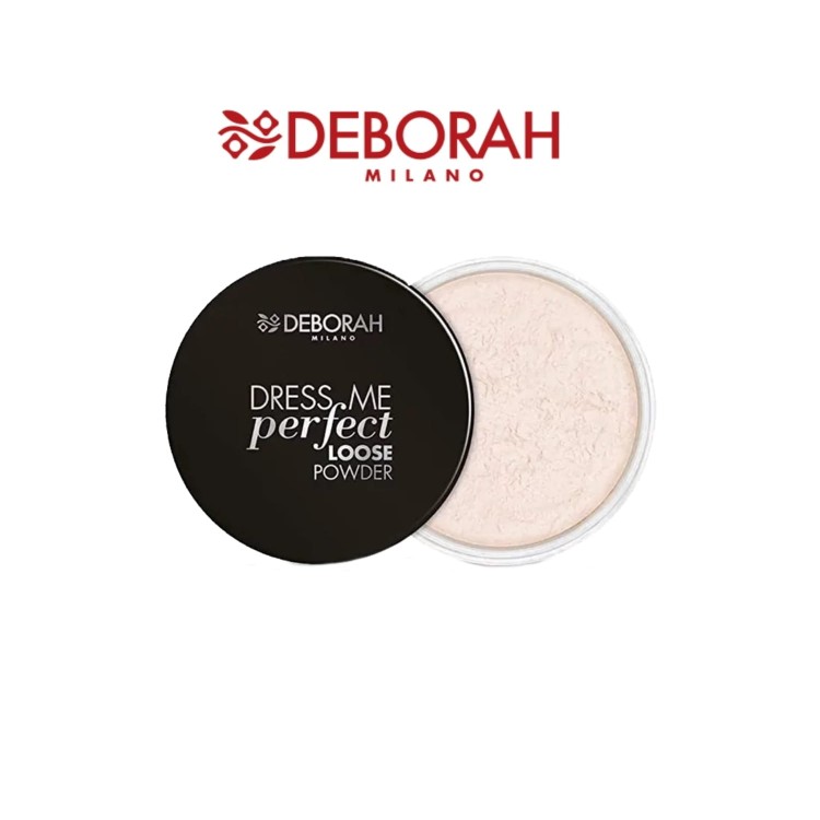 Deborah Milano Dress Me Perfect puder sypki - otwarte opakowanie z czarną pokrywką i beżowym pudrem w przezroczystym pojemniku.
