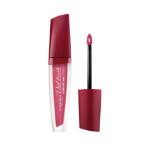 Deborah Milano Red Beauty matowa pomadka w płynie Peony Rose 04 - opakowanie z aplikatorem, widok produktu i pędzla.