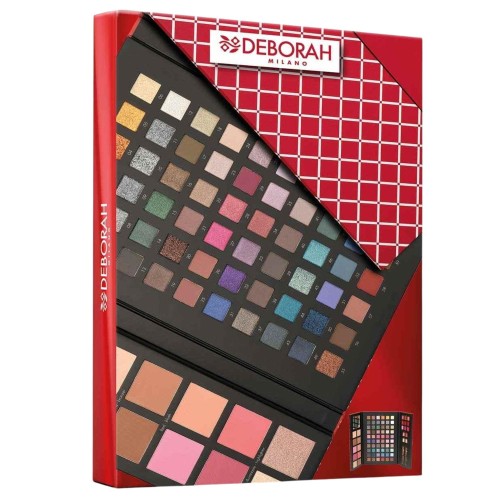 Deborah Milano Make Up Beauty Gift 4 zestaw prezentowy do makijażu - rozłożona paleta cieni do powiek i podkłady w opakowaniu pudełkowym z czerwoną okładką.