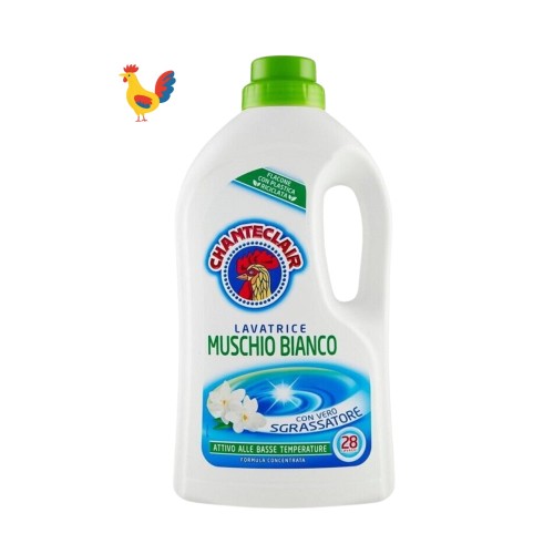 Chanteclair Muschio Bianco płyn do prania 1260 ml - biała butelka z zieloną pompką, widok frontalny z kogutem na etykiecie, obok ilustracja żółtego koguta.