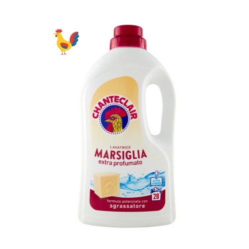 Chante Clair Marsiglia płyn do prania extra profumato 1260 ml - butelka z białym opakowaniem i różowym korkiem, widok z przodu na tle białym z ilustracją koguty po lewej stronie