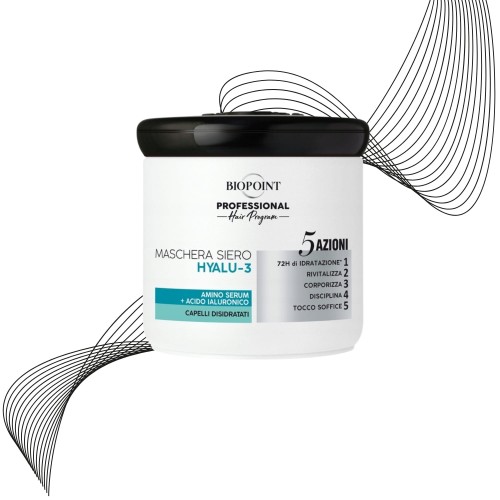 Biopoint Professional Hair Program maska Hyalu-3 do włosów – słoik z czarną pokrywką na białym tle z graficznym motywem włosów.