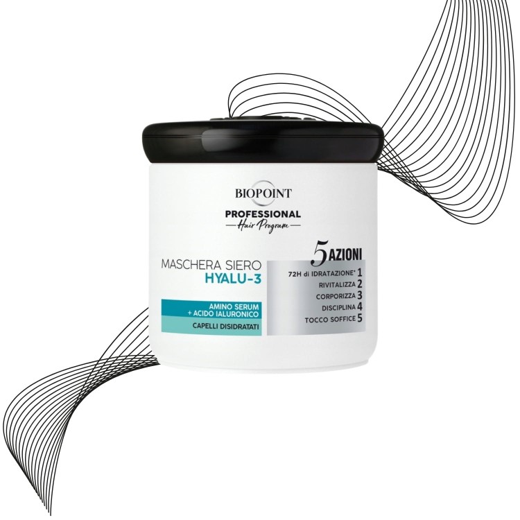 Biopoint Professional Hair Program maska Hyalu-3 do włosów – słoik z czarną pokrywką na białym tle z graficznym motywem włosów.